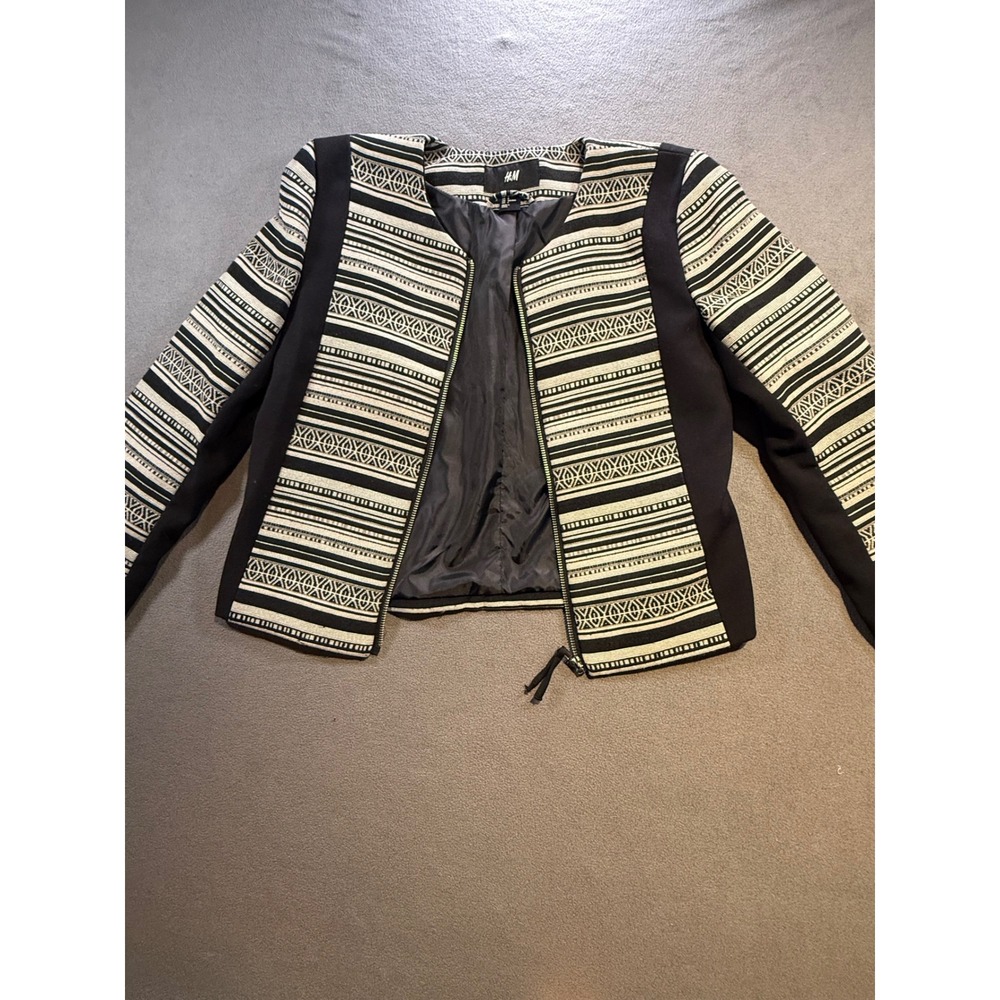 HM Black Cream Tribal Geometric Woven Zip Up Jacket Blazer Women Size 6